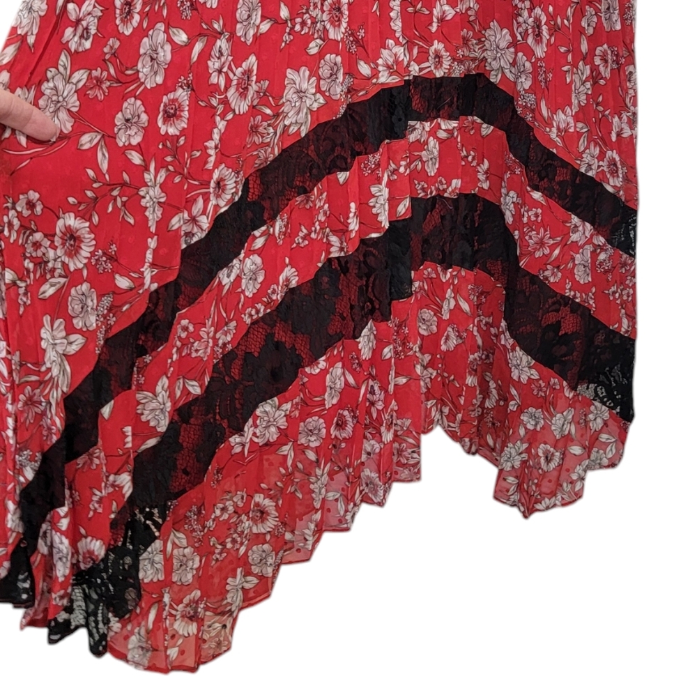 Nanette Lepore Pleated Floral Midi Dress Red Feminine Handkerchief Hem W… - Picture 8 of 16
